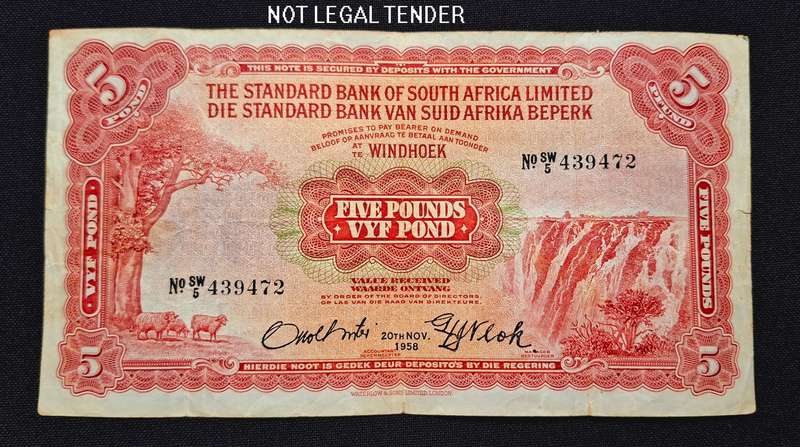 The Standard Bank Of South Africa Limited WINDHOEK Five Pounds 20TH NOV 1958         NN3