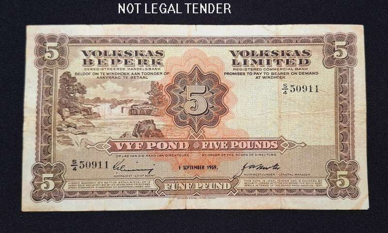 South West Africa (Windhoek) Volkskas Bank 5 Pounds 1 Sept 1959  *** VERY RARE ***             NN5