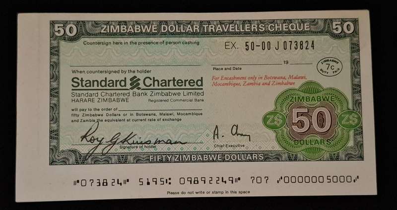 ZIMBABWE - STANDARD BANK Traveller's CHEQUE $50   IN SEQUENCE  *** RARE ***  IN MINT CONDITION