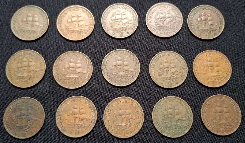 UNION OF SOUTH AFRICA PENNY LOT --------- ONE BID FOR THE LOT OF 15 COINS                 ( B )