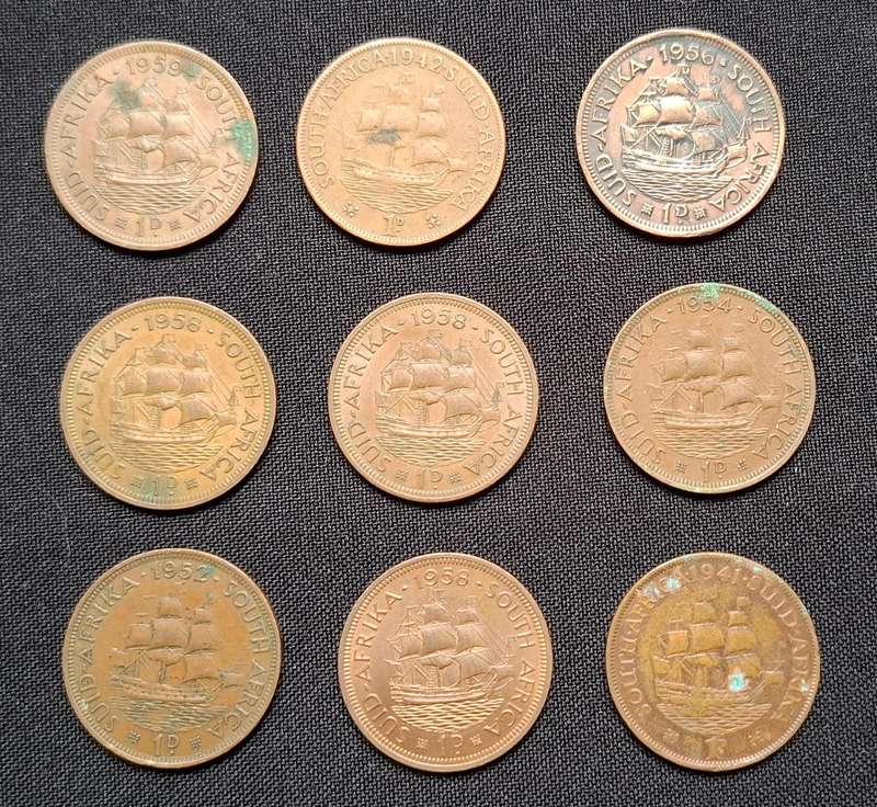 UNION OF SOUTH AFRICA PENNY LOT  ---- One Bid For The Lot Of 9 Coins -----       ( C )