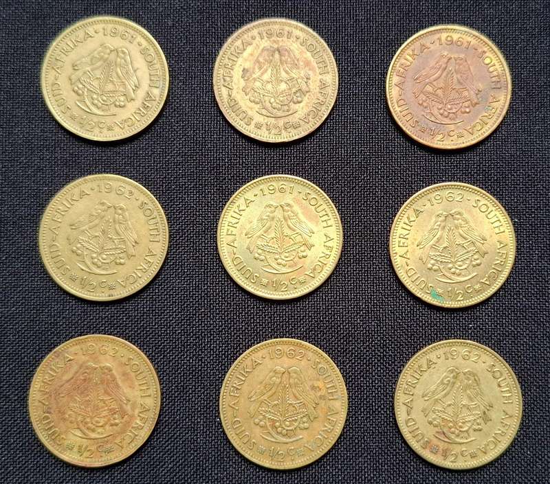 RSA Half Cent Lot ( Fist Decimal )   --- One Bid For The Lot Of 9 Coins                        ( E )