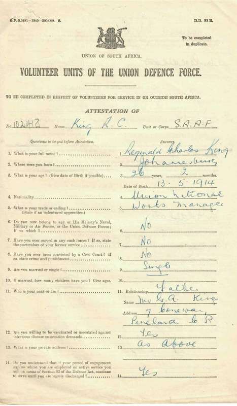 Lieut. RC. KING    S.A.A.F   23 Squadron    See Documents                      No.16