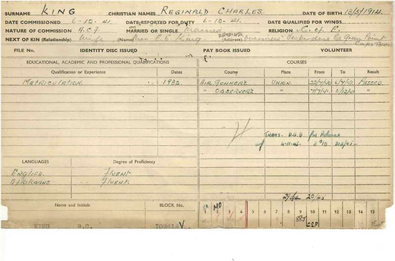 Lieut. RC. KING    S.A.A.F   23 Squadron    See Documents                      No.16