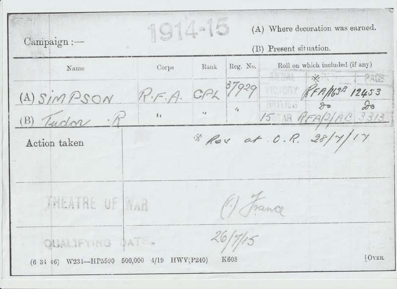 37929 CPL. T.R. SIMPSON R.F.A.   GUNNER  WOUNDED   Medal TRIO         No.14