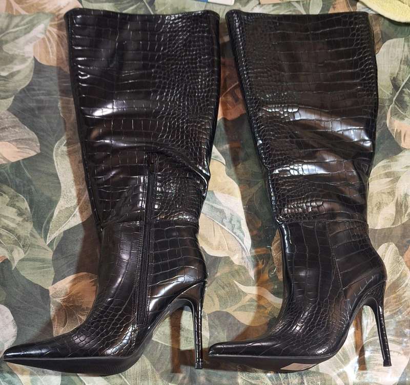 Black Wide Fit PU Croc Point Toe High Stiletto Heeled Knee Boots UK 4