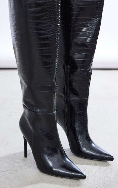 Black Wide Fit PU Croc Point Toe High Stiletto Heeled Knee Boots UK 4