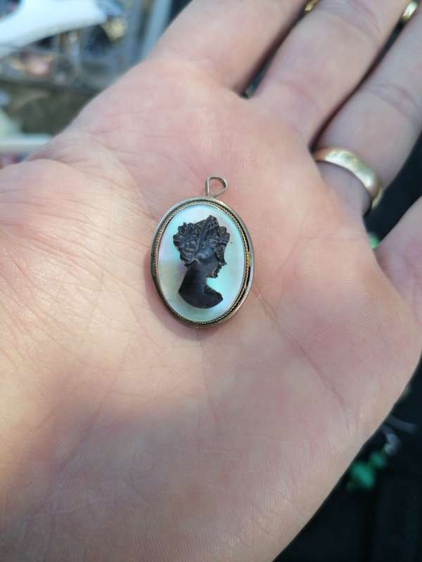 Antique silver mother of pearl cameo necklace /brooch
