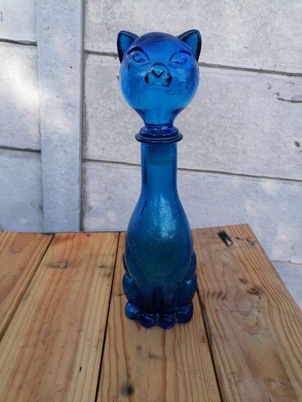 Italian Vintage EMPOLI Blue Glass Cat Decanter Bottle with Stopper