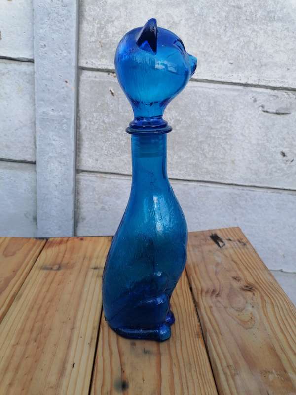 Italian Vintage EMPOLI Blue Glass Cat Decanter Bottle with Stopper