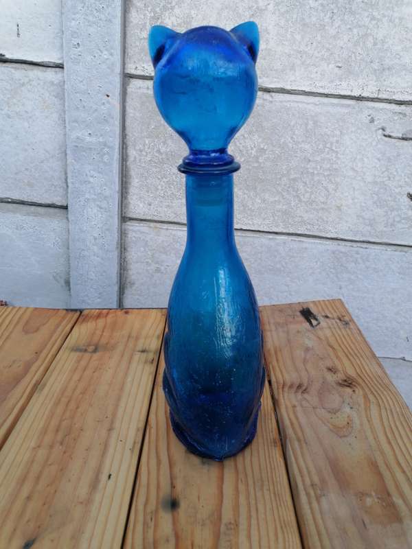 Italian Vintage EMPOLI Blue Glass Cat Decanter Bottle with Stopper