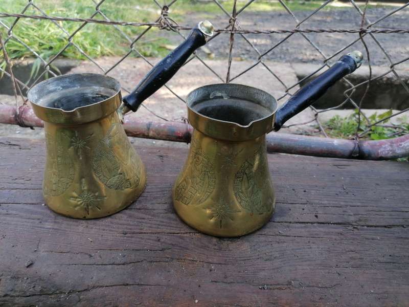 SET OF 2 ANTIQUE BRASS COFFEE POTS
