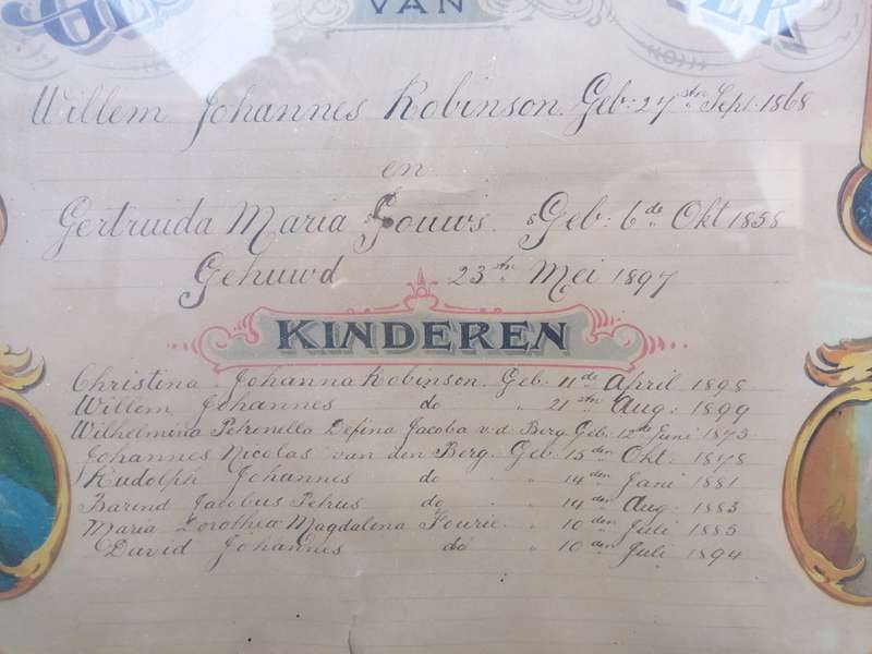 SKAARS OORSPRONKLIKE AFRIKANA GESLACHTS REGISTER VAN WILLEM JOHANNES ROBINSON GEB 27 SEPT 1868