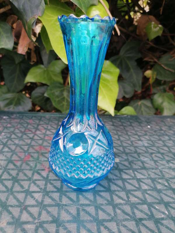 Vintage Blue Pressed Glass Thumbprint Bud Vase
