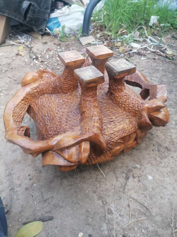 Stunning solid wood carved pot with figure