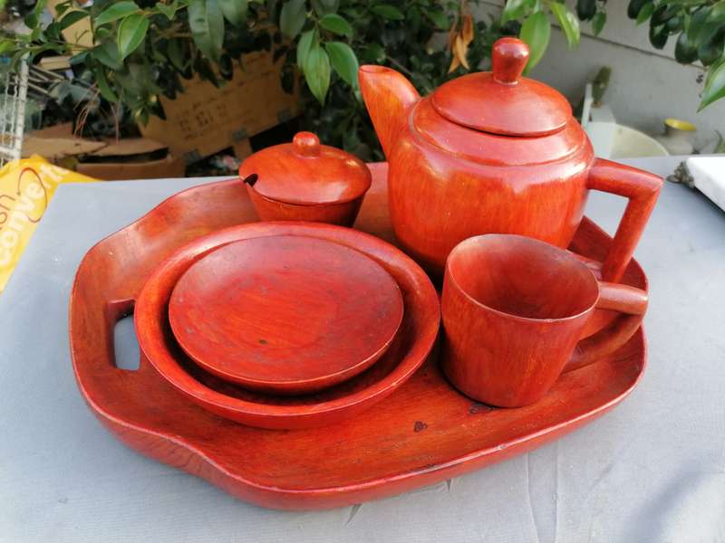 Vintage wood kettle, tray set