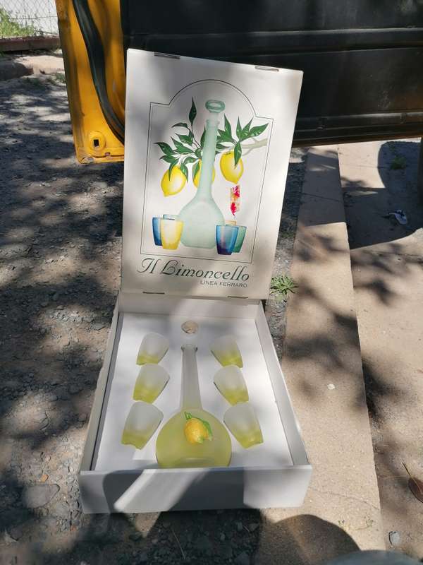 Limoncello glass set 6 shot glasses and decanter type serving bottle Italian