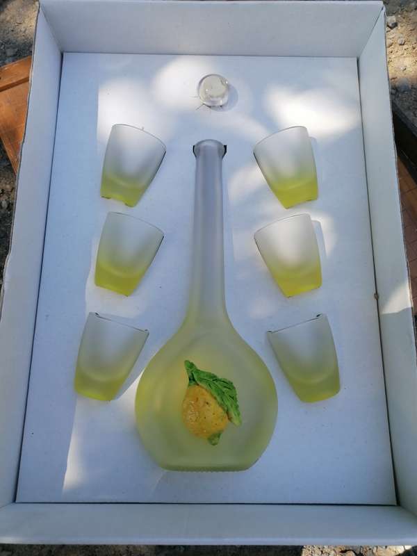 Limoncello glass set 6 shot glasses and decanter type serving bottle Italian