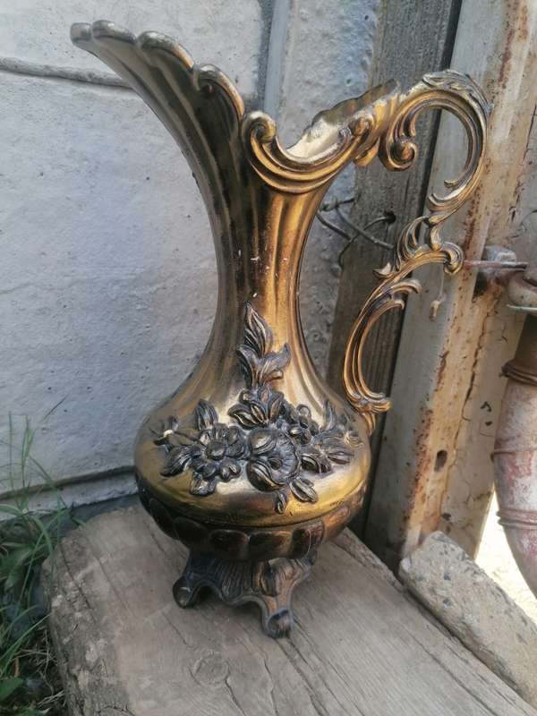 Italian Ornate Brass Pitcher Tall Embossed Floral Design