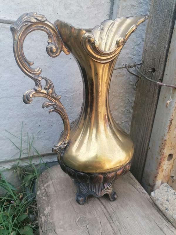 Italian Ornate Brass Pitcher Tall Embossed Floral Design