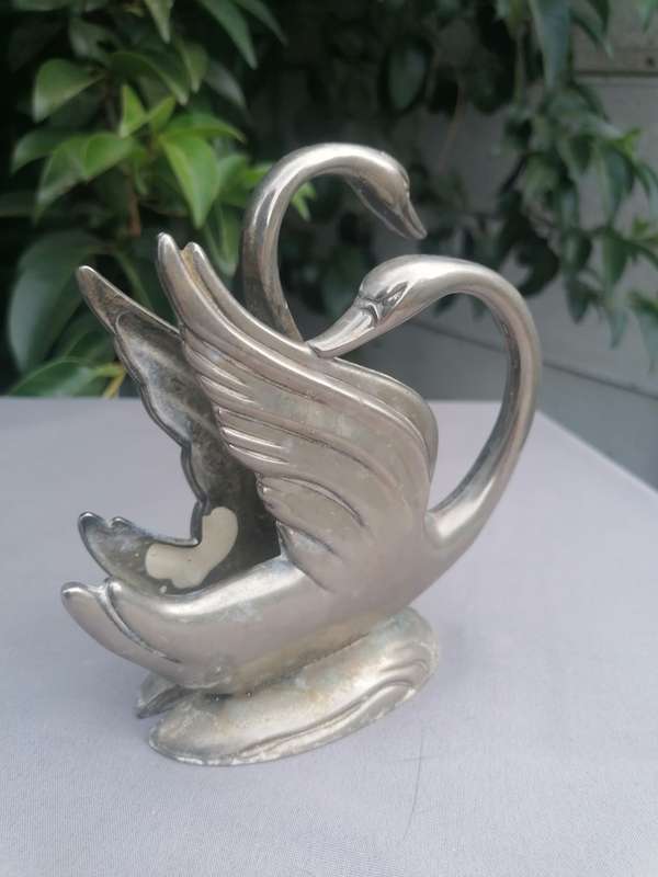 Vintage Silver-Plated Swans Pair Figurines Letter/Napkin Holder