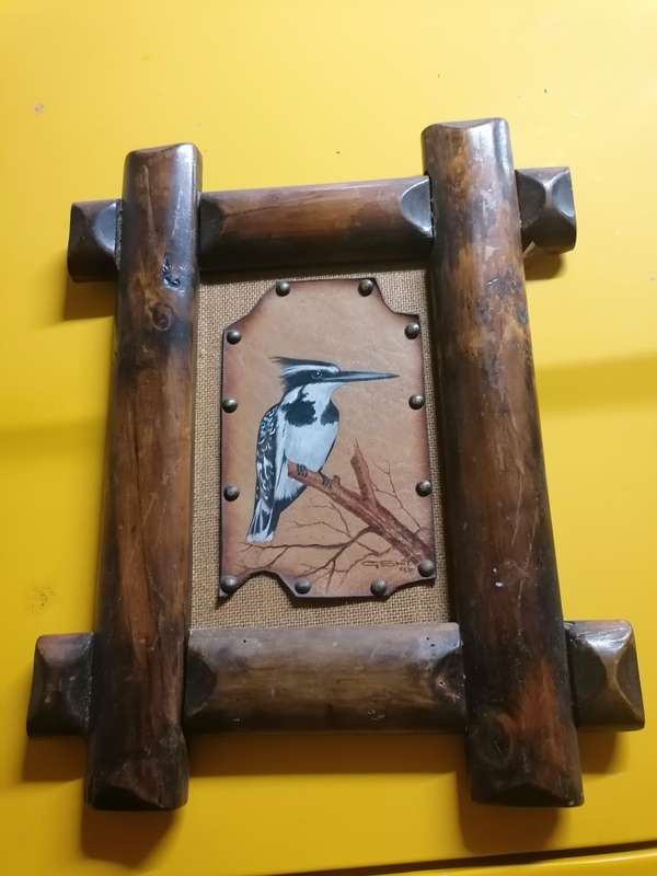 Kingfisher painting on leather by Gerhard Smit 1997