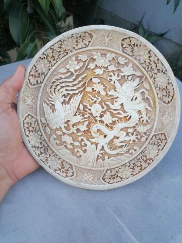 Vintage Chinese Dragon & Phoenix Carved Lacquerware Plate / signed