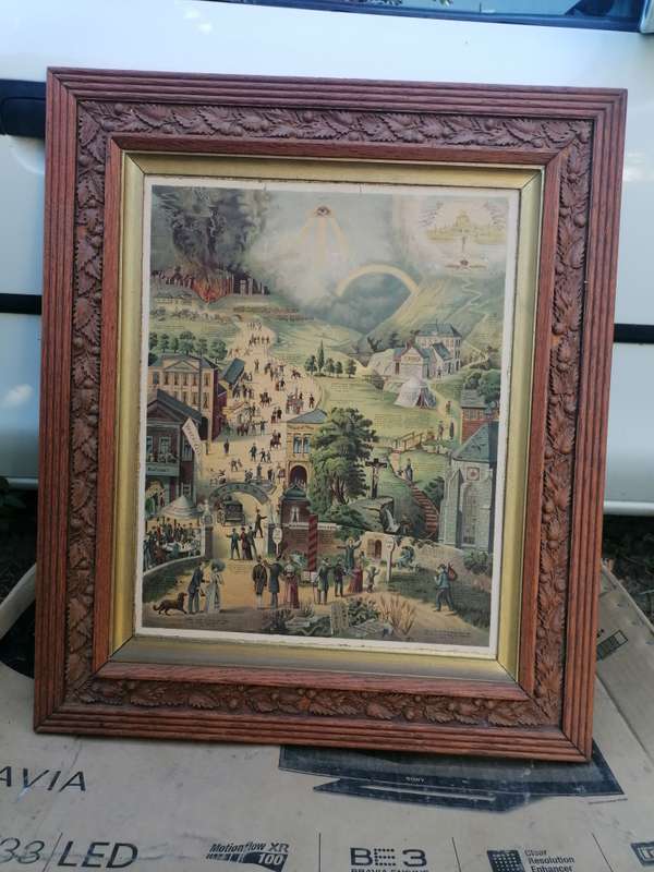 Very Old and Collectable Print ** DE BREEDE en DE SMALLE WEG*** with stunning antique carved frame