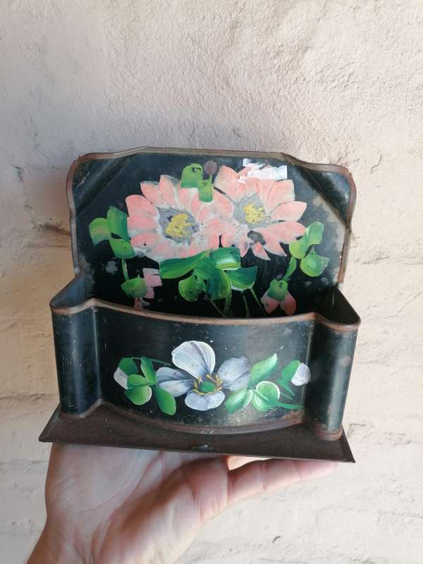 Wall Pocket Letter Comb Holder Hand Painted Peony Toleware Tin