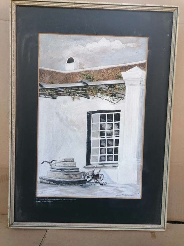 Painting of 300 year old grinding stone & wooden plough swellendam by thary denman