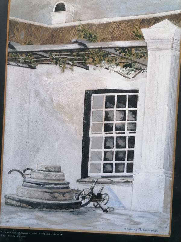 Painting of 300 year old grinding stone & wooden plough swellendam by thary denman