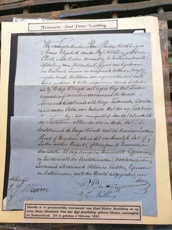 Testament van Paul pieter neethling en sy vrou Anna Elizabeth van der byl neethling 1861