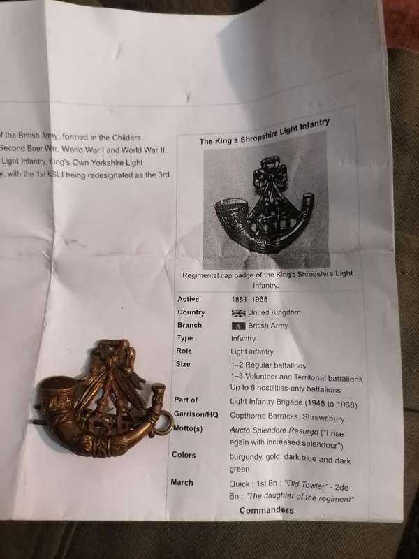 King Shropshire Light Infantry KSLI Brass Collar Badge