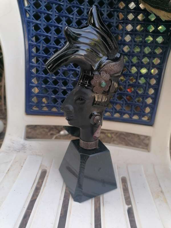 Hand Carved Obsidian Mayan Sculpture Silver and Mother of Pearl Inlay King Pakal