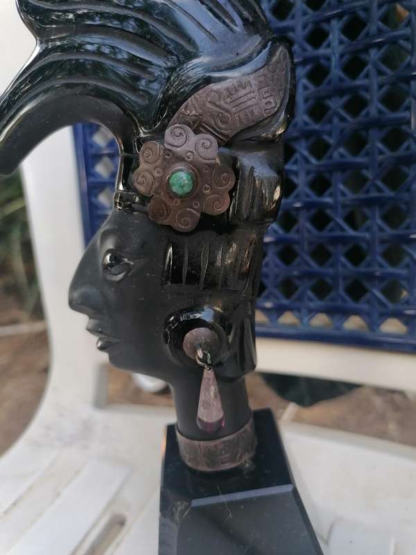 Hand Carved Obsidian Mayan Sculpture Silver and Mother of Pearl Inlay King Pakal