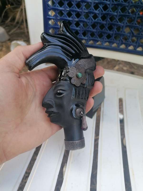 Hand Carved Obsidian Mayan Sculpture Silver and Mother of Pearl Inlay King Pakal