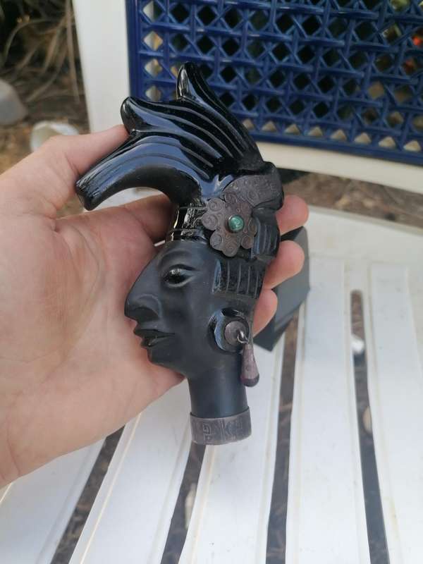 Hand Carved Obsidian Mayan Sculpture Silver and Mother of Pearl Inlay King Pakal