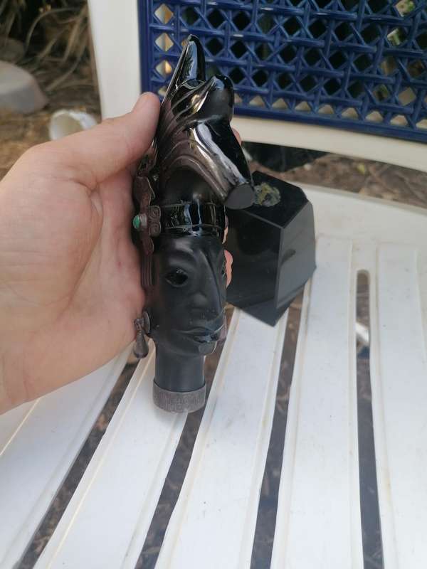 Hand Carved Obsidian Mayan Sculpture Silver and Mother of Pearl Inlay King Pakal