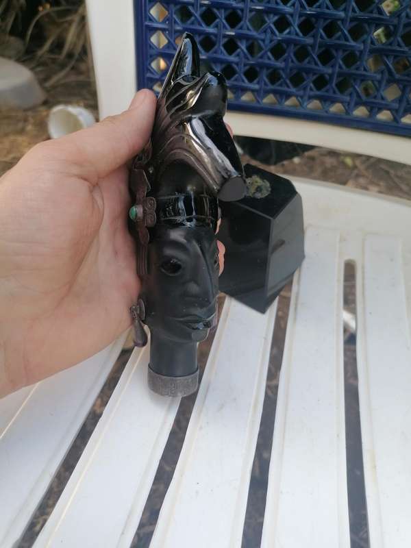 Hand Carved Obsidian Mayan Sculpture Silver and Mother of Pearl Inlay King Pakal