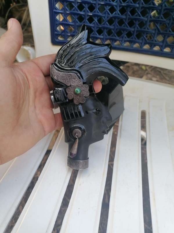 Hand Carved Obsidian Mayan Sculpture Silver and Mother of Pearl Inlay King Pakal