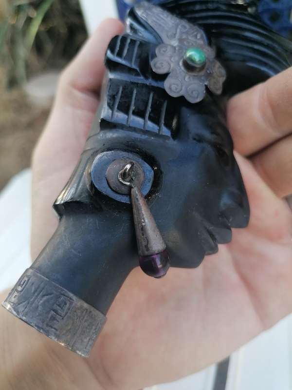 Hand Carved Obsidian Mayan Sculpture Silver and Mother of Pearl Inlay King Pakal