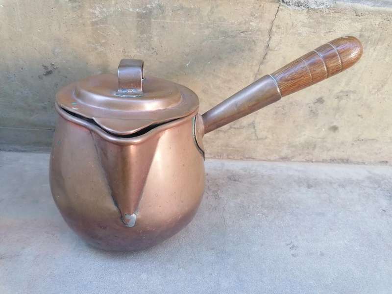 Antique Victorian copper milk saucepan and lid