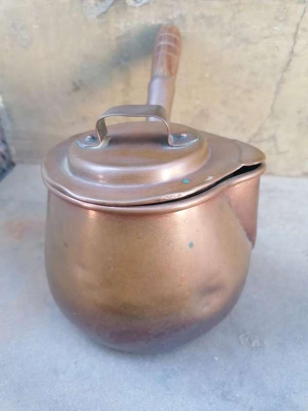 Antique Victorian copper milk saucepan and lid