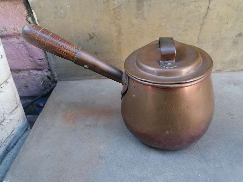 Antique Victorian copper milk saucepan and lid