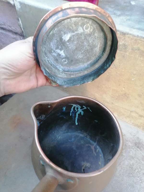 Antique Victorian copper milk saucepan and lid
