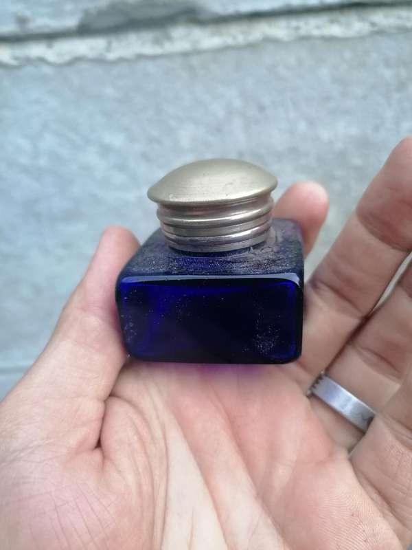Antique COBALT BLUE GLASS INKWELL writing box ink well