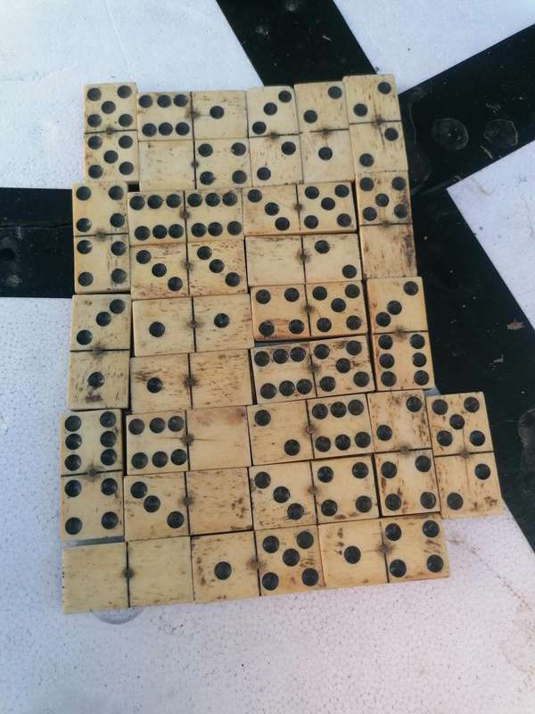 Rare find Antique 19thC Hand Carved Bone Ebony Brass Pins Domino Set, 28 Pieces