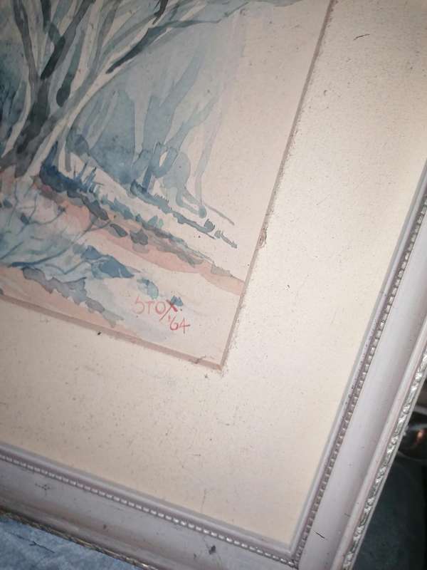 STUNNING 1964 WATERCOLOR FRAMED PAINTING SIGNED `on the schmidt drift road outside Kimberley`