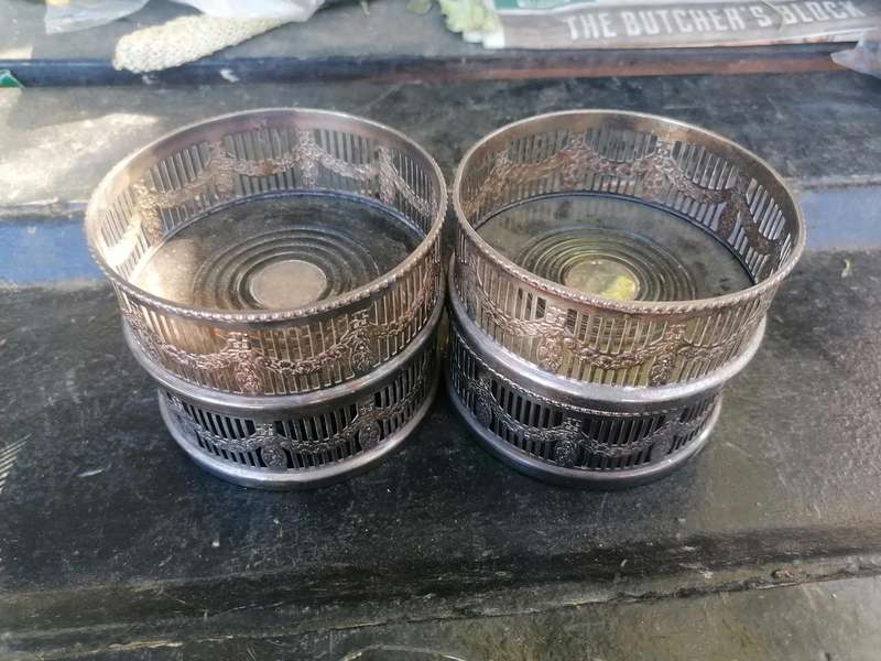 Antique Silver Plate Wine Bottle Coasters
