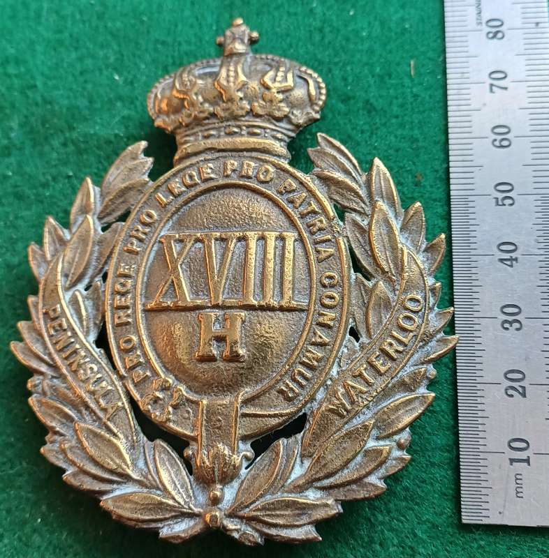 British Army, 18th Hussars brass badge. 80mm high with Guelphic crown, pos Martingale badge